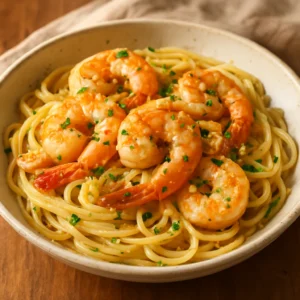 Garlic shrimp linguine with parsley, lemon, and parmesan in a serving bowl