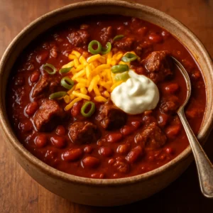 Smoky beef chili topped with cheddar, green onions, and sour cream