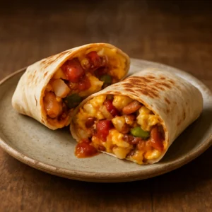 Spicy breakfast burritos filled with eggs, potatoes, bacon, cheddar, and peppers