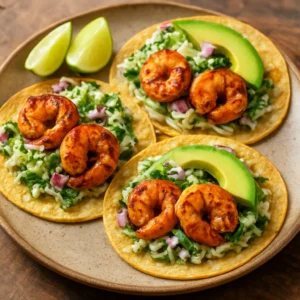 Fire-roasted shrimp tacos with cilantro slaw, avocado, red onion, and lime wedges