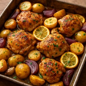 Roasted Greek lemon chicken with potatoes, red onion, and lemon slices in a baking dish