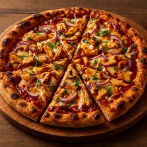 Grilled BBQ chicken pizza with barbecue sauce, melted cheese, chicken, red onion, and parsley
