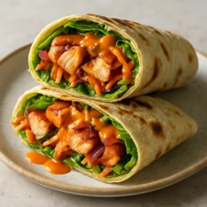 Grilled buffalo chicken wraps with lettuce, cheddar, carrots, and buffalo ranch drizzle