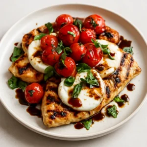 Grilled caprese chicken topped with mozzarella, cherry tomatoes, and basil