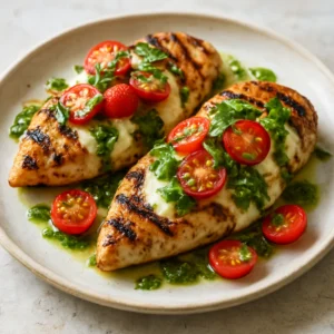 Grilled caprese chicken topped with tomatoes, mozzarella, basil, and a pesto drizzle