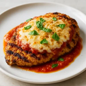Grilled chicken parmesan with melted mozzarella, marinara, Parmesan breadcrumbs, and basil.