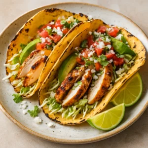 Grilled chicken tacos with cabbage, pico de gallo, avocado, queso fresco, cilantro, and lime wedges