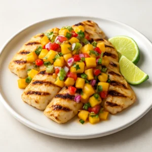 Grilled fish topped with fresh mango salsa and lime wedges