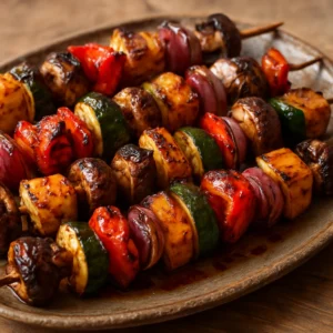 Grilled vegetable kabobs with peppers, zucchini, red onion, mushrooms, and pineapple on a platter