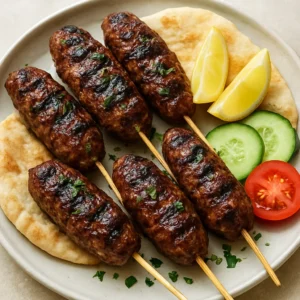 Grilled lamb kofta skewers with herbs, lemon, pita, and harissa oil finish
