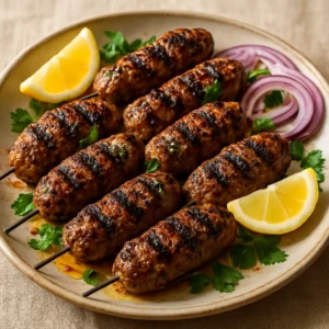 Grilled lamb kofta with parsley, lemon, and red onion on a platter