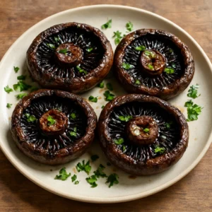 Grilled portobello mushrooms finished with a savory olive oil drizzle and fresh parsley