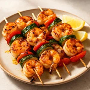 Fire-grilled shrimp skewers with zucchini and bell pepper