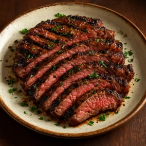 Sliced grilled steak with herb marinade and grill marks