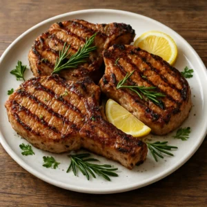 Grilled Tuscan pork chops with herb marinade and lemon wedges