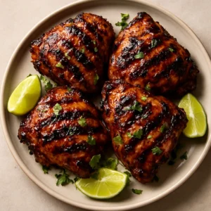 Grilled honey-glazed chicken thighs finished with habanero infused olive oil, cilantro, and lime wedges.