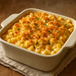 Creamy baked habanero mac and cheese with a golden breadcrumb topping