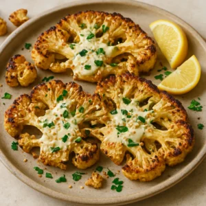 Roasted cauliflower steaks drizzled with tahini sauce and finished with parsley and sesame seeds