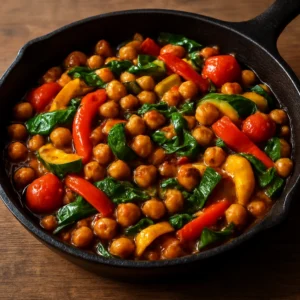 Finished harissa chickpea and vegetable skillet with peppers, zucchini, spinach, and tomatoes
