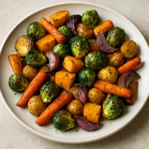 Roasted vegetable medley with Brussels sprouts, butternut squash, potatoes, carrots, and red onion