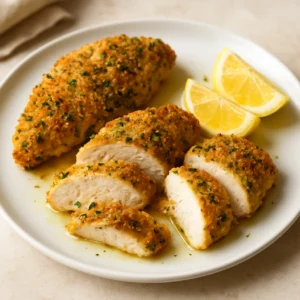 Herb-crusted chicken breasts with a golden breadcrumb coating and lemon wedges