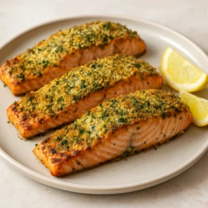 Herb-crusted grilled salmon with lemon and a golden breadcrumb topping