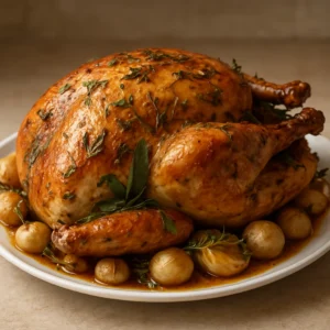 Golden herb-roasted Thanksgiving turkey with rosemary, sage, thyme, and lemon on a serving platter