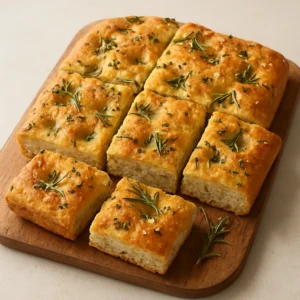 Golden herbed focaccia squares made with Herbs De Provence Infused Olive Oil Blend
