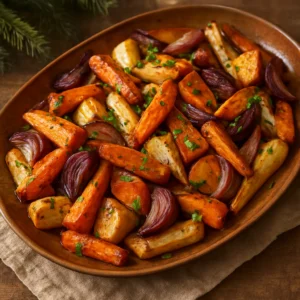 Roasted root vegetables tossed with Christmas Roast Infused Olive Oil Blend