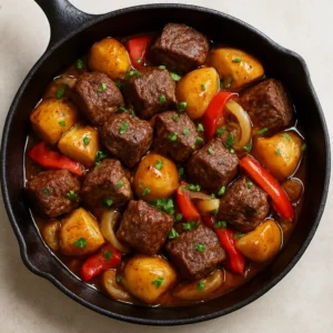 Hungarian beef and potato skillet with golden potatoes, seared beef, and parsley garnish