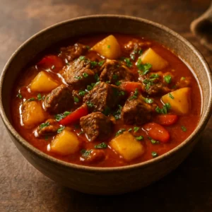 A rustic bowl of Hungarian goulash with beef, potatoes, paprika, and parsley