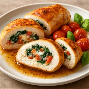 Stuffed chicken breasts with ricotta, spinach, mozzarella, and roasted tomatoes