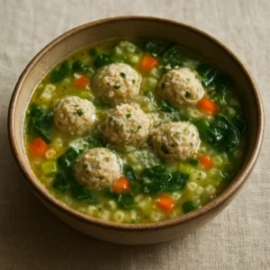 Italian wedding soup with meatballs, pasta, spinach, and a drizzle of olive oil