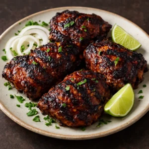 Grilled Jamaican jerk chicken thighs with lime wedges and parsley