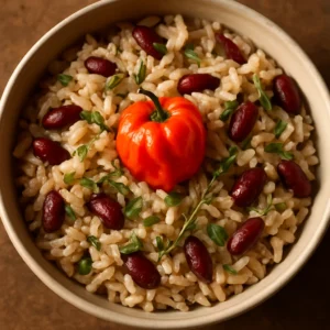 A bowl of Jamaican rice and peas made with jerk-infused olive oil, kidney beans, coconut milk, and herbs