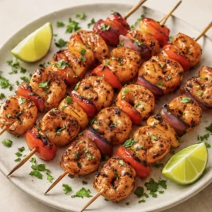 Grilled Caribbean jerk shrimp skewers with bell peppers, red onion, cilantro, and lime