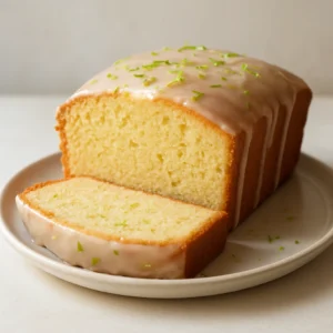 Sliced key lime pound cake with glossy citrus glaze and lime zest