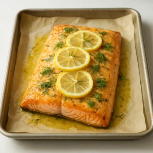 Baked salmon with lemon-infused olive oil, fresh dill, and lemon slices