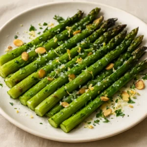Roasted asparagus finished with lemon, parsley, Parmesan, and toasted almonds