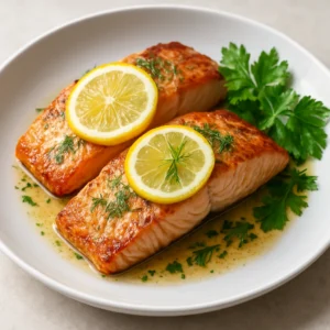 Roasted salmon fillets with lemon, dill, and herbs on a simple plate