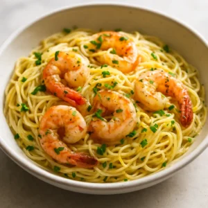 Shrimp angel hair pasta with lemon, parsley, and basil oil sheen