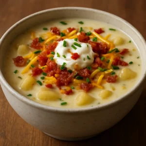 Creamy loaded baked potato soup topped with bacon, cheddar, chives, and sour cream