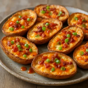 Loaded buffalo potato skins topped with cheese, bacon, scallions, and buffalo-style drizzle