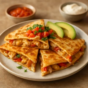 Loaded chicken quesadillas with melted cheese, peppers, avocado, salsa, and cilantro