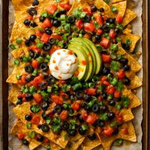Loaded nachos with black beans, melted cheese, fresh toppings, and a smoky ghost pepper olive oil drizzle