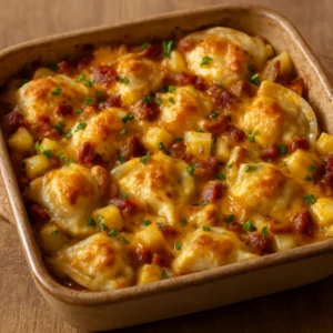 A bubbling loaded potato pierogi bake with cheddar, bacon, potatoes, pierogi, and chives