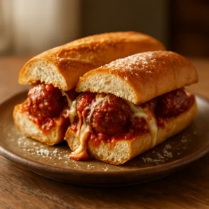 Sliced meatball sub sandwich with melted mozzarella and marinara on a toasted roll