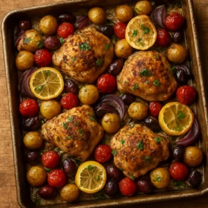 Roasted Mediterranean lemon chicken with potatoes, tomatoes, olives, and lemon slices