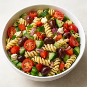 Mediterranean pasta salad with rotini, tomatoes, cucumber, olives, feta, and herbs