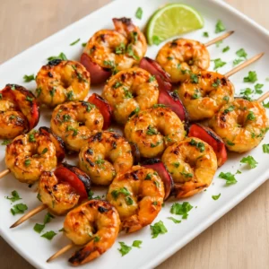 Grilled shrimp skewers with lime, cilantro, red pepper, and onion